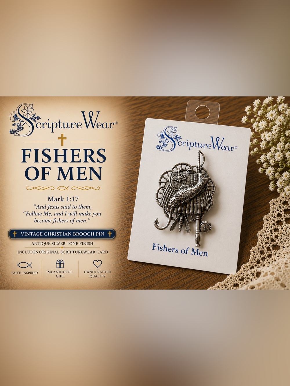 ScriptureWear “Fishers of Men” Vintage Christian Brooch Pin | Mark 1:17
